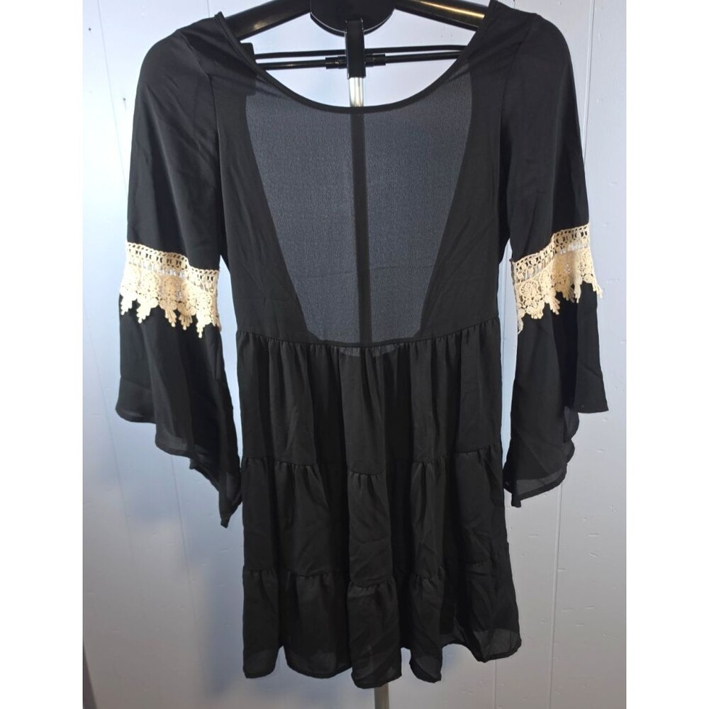 Mittoshop Black Boho Flowy Black Crochet Trim Dress Backless Size Small S